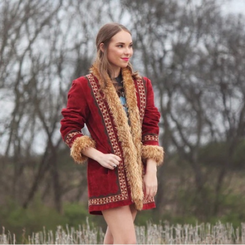 Retro vintage boho fur trim hippie festival vibes coat
